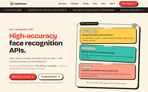 SightRadar — High-accuracy face recognition API, Rekognition-compatible — screenshot
