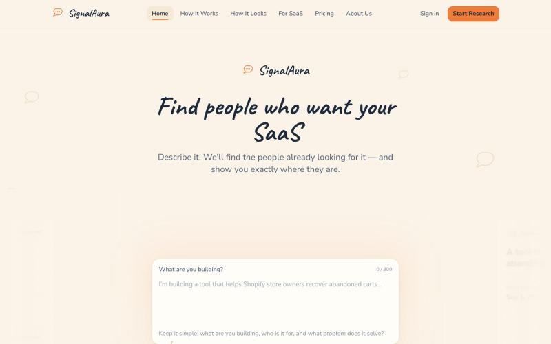 SaaS Idea Validation & Market Research | SignalAura — screenshot