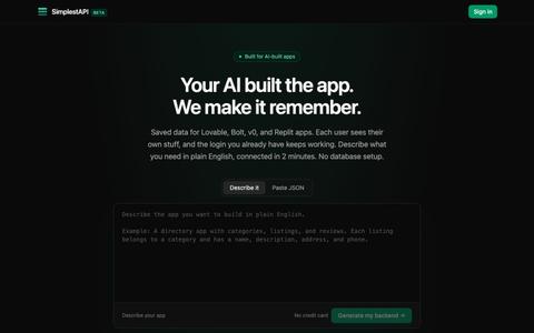 SimplestAPI: Make your Lovable app actually save data — screenshot