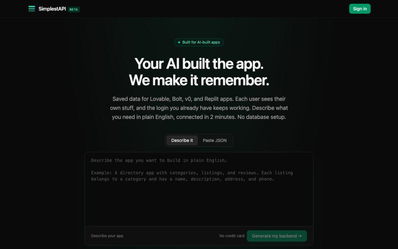 SimplestAPI: Make your Lovable app actually save data — screenshot