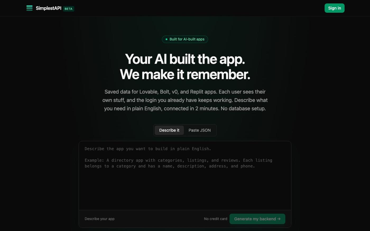 SimplestAPI: Make your Lovable app actually save data — screenshot