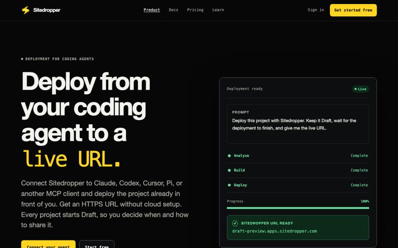 Deploy from Your Coding Agent to a Live URL | Sitedropper — screenshot