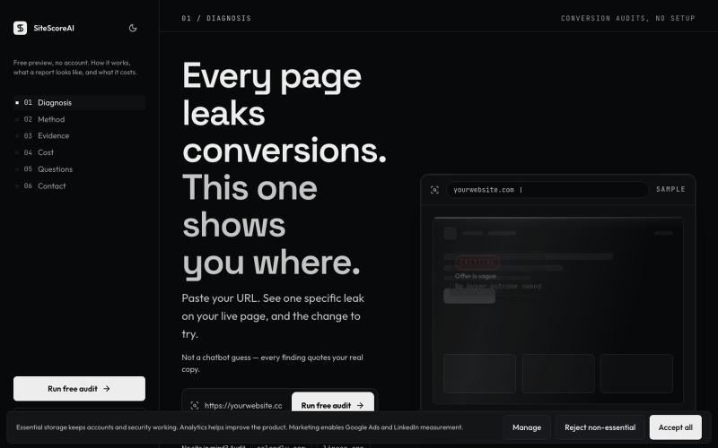 SiteScoreAI - Evidence-Backed Website Conversion Audits — screenshot