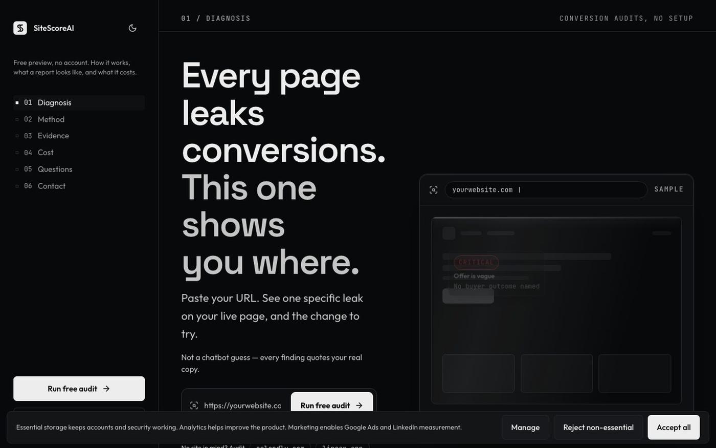 SiteScoreAI - Evidence-Backed Website Conversion Audits — screenshot