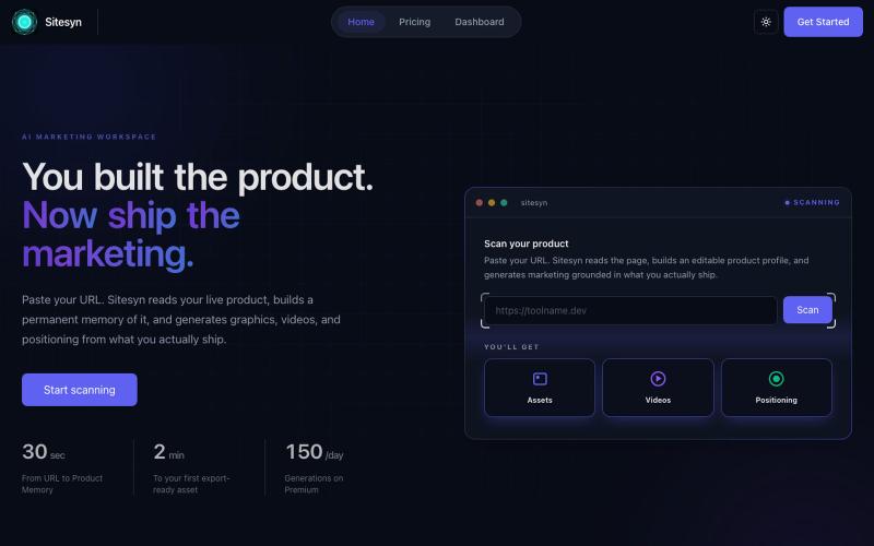 Sitesyn – AI marketing workspace for founders — screenshot