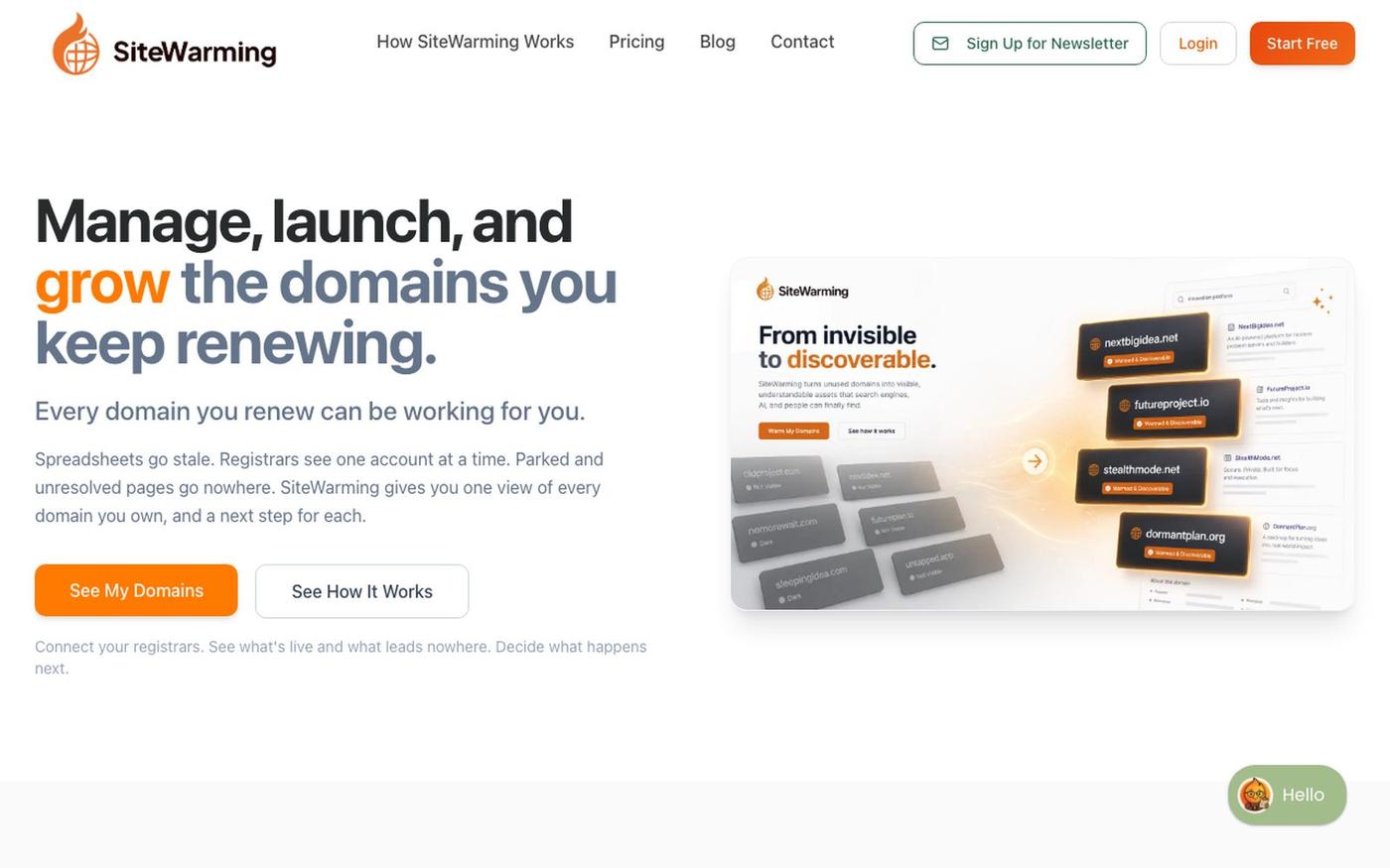 SiteWarming - Manage, Launch, and Grow the Domains You Keep Renewing — screenshot