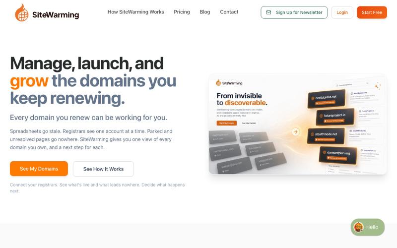 SiteWarming - Manage, Launch, and Grow the Domains You Keep Renewing — screenshot