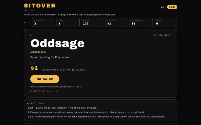 Oddsage · 8h 52m held · Sitover — screenshot