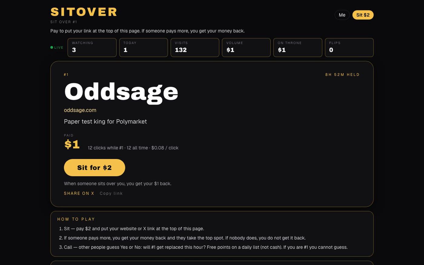 Oddsage · 8h 52m held · Sitover — screenshot