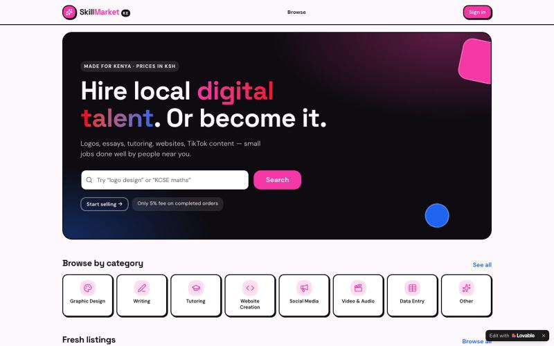 SkillMarket Kenya — Hire & offer digital skills — screenshot