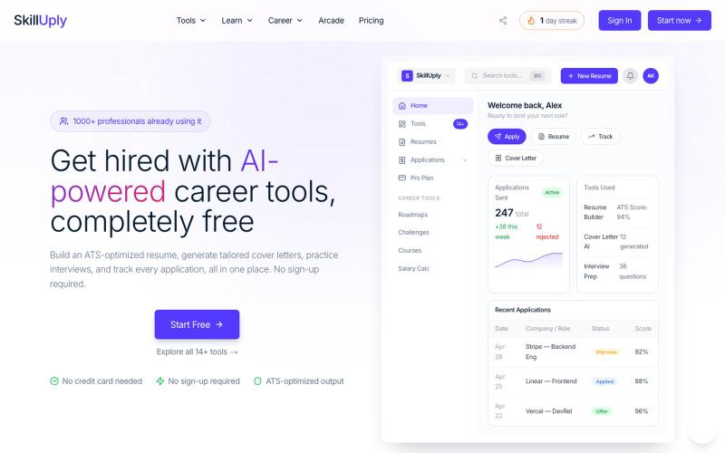 SkillUply — Free AI Resume Builder, Cover Letter Generator & Career Tools — screenshot