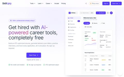 SkillUply — Free AI Resume Builder, Cover Letter Generator & Career Tools — screenshot