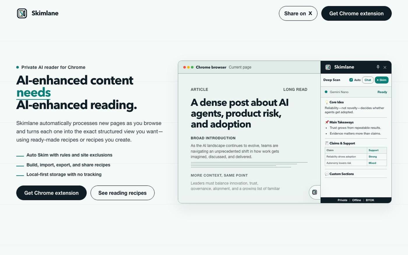 Skimlane | Private AI Reading Assistant for Chrome — screenshot