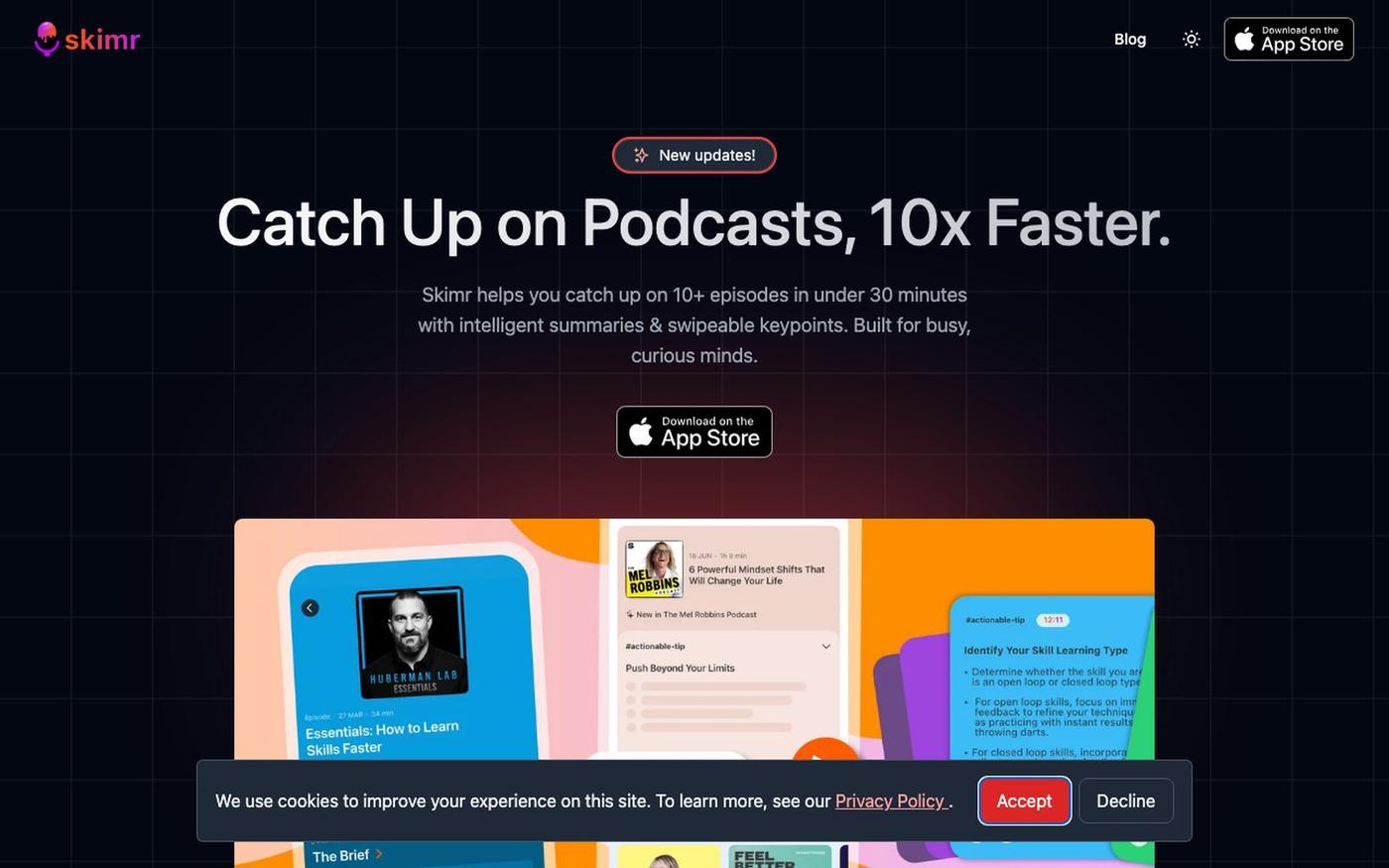 Skimr - Catch Up on Podcasts, 10x Faster. Podcast episodes with summaries, trans — screenshot