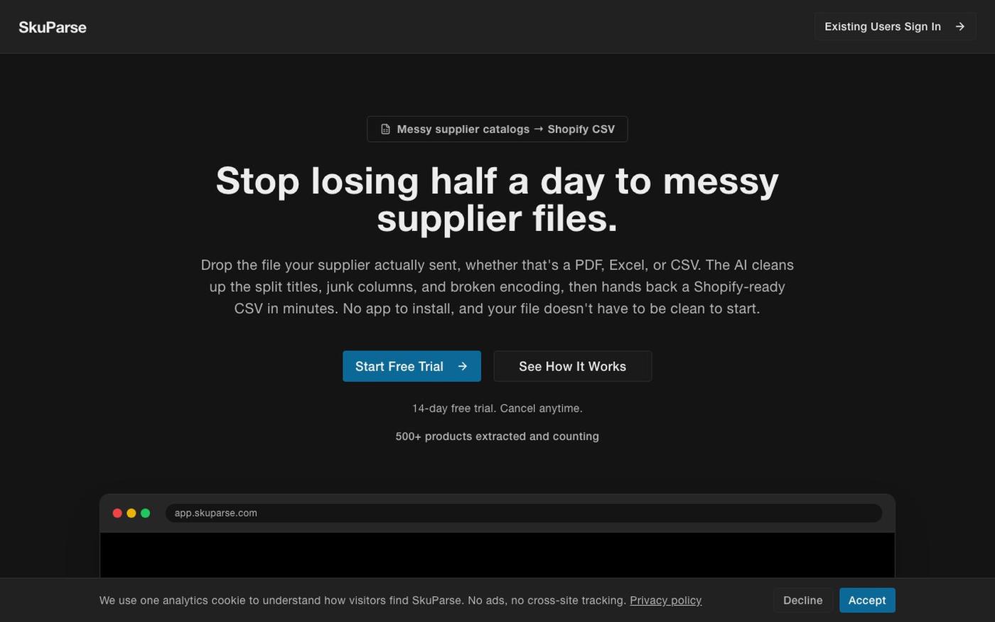 SkuParse | Supplier catalogs to Shopify-ready CSV — screenshot