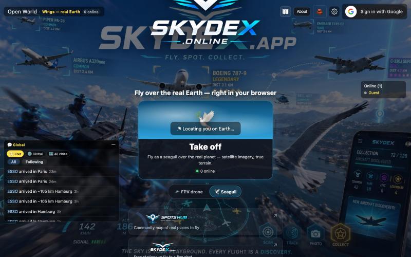 Skydex — Fly over the real Earth in your browser — screenshot