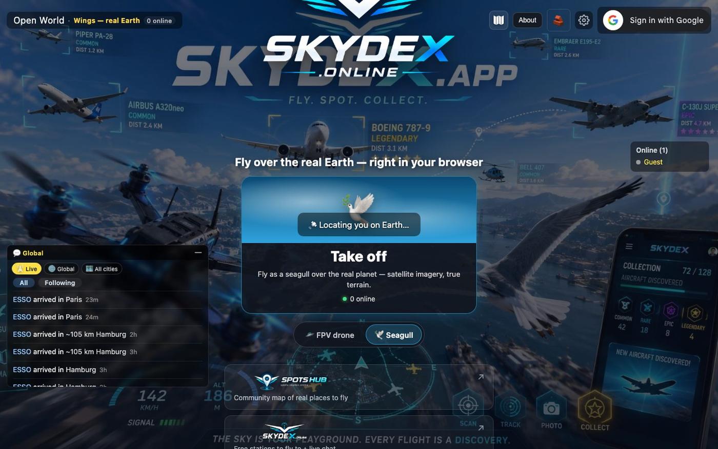 Skydex — Fly over the real Earth in your browser — screenshot