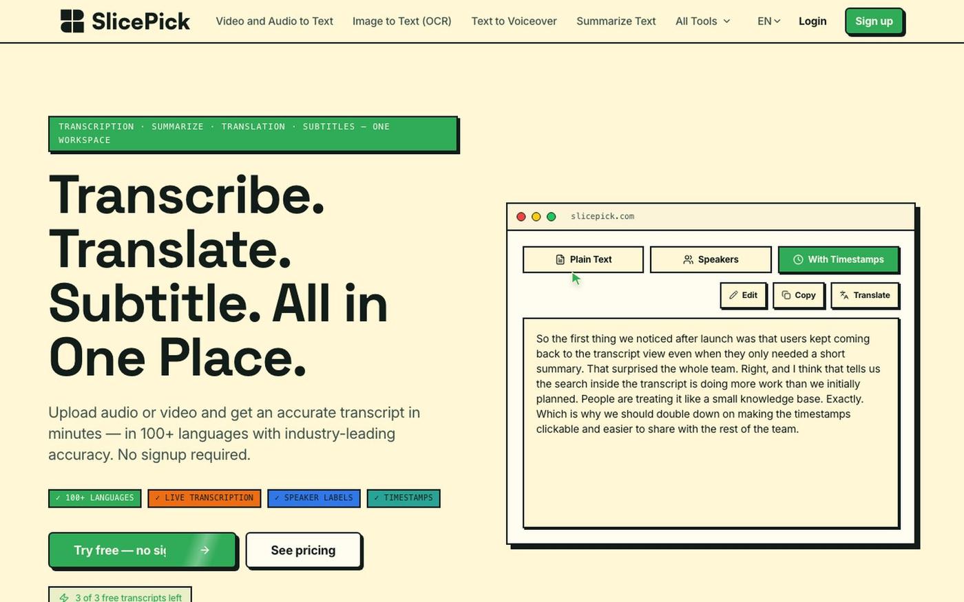 SlicePick | Free AI Video & Audio Transcription — screenshot
