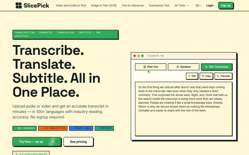 SlicePick | Free AI Video & Audio Transcription — screenshot