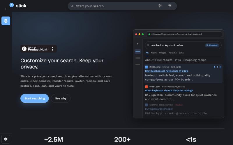Slick | Private Customizable Search Engine, Google Alternative — screenshot