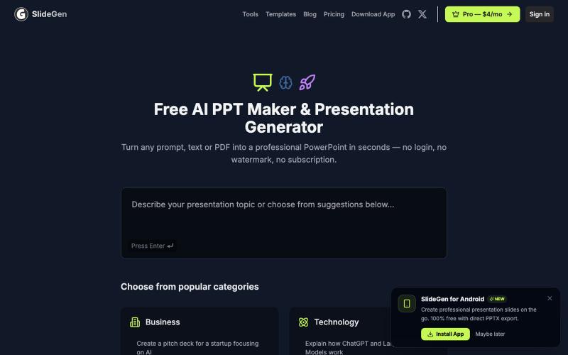 SlideGen — Free AI PPT Maker. No Login, No Watermark, No Subscription — screenshot