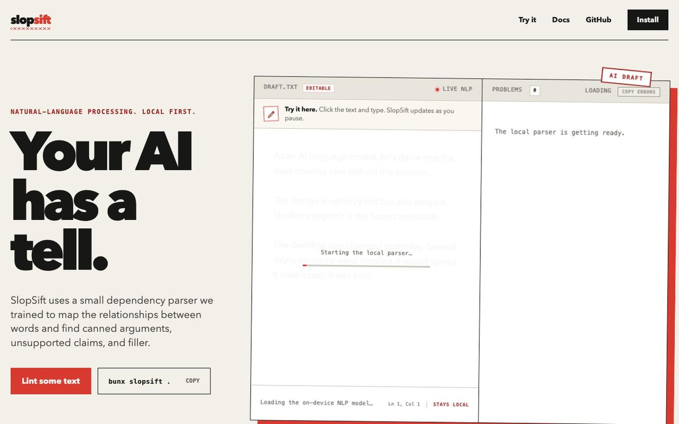 SlopSift — An NLP linter for AI writing tells — screenshot