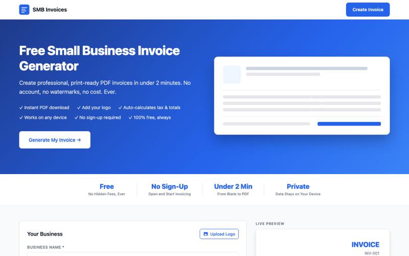 Small Business Invoice Generator - Free and instant — screenshot