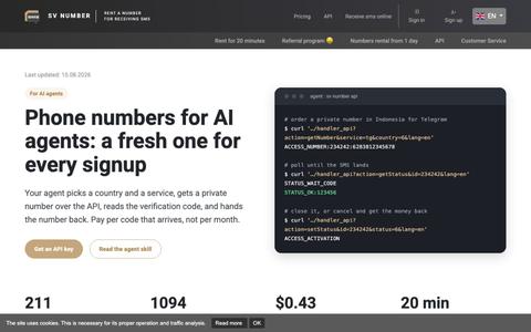 Phone numbers for AI agents in 211 countries - SV Number — screenshot