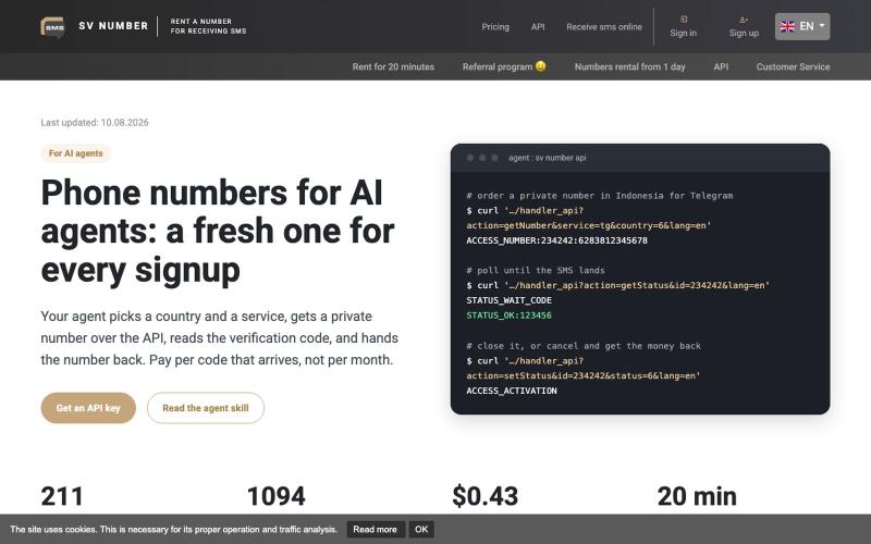 Phone numbers for AI agents in 211 countries - SV Number — screenshot