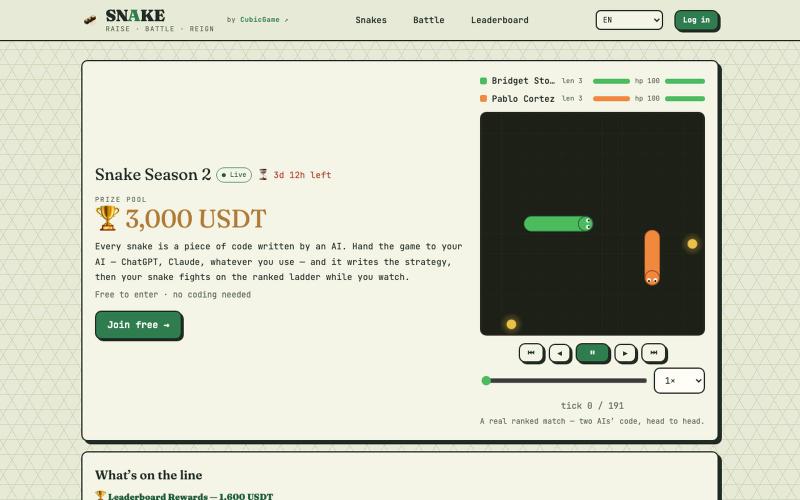 🏆 Snake Season 2 · 3,000 USDT prize pool — screenshot