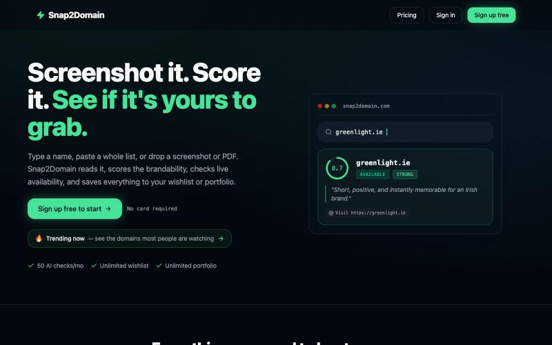 Snap2Domain — Screenshot it. Score it. See if it's yours to grab. — screenshot