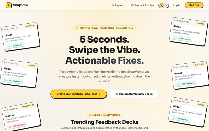 SnapVibr - 5-Second Website Feedback Decks — screenshot