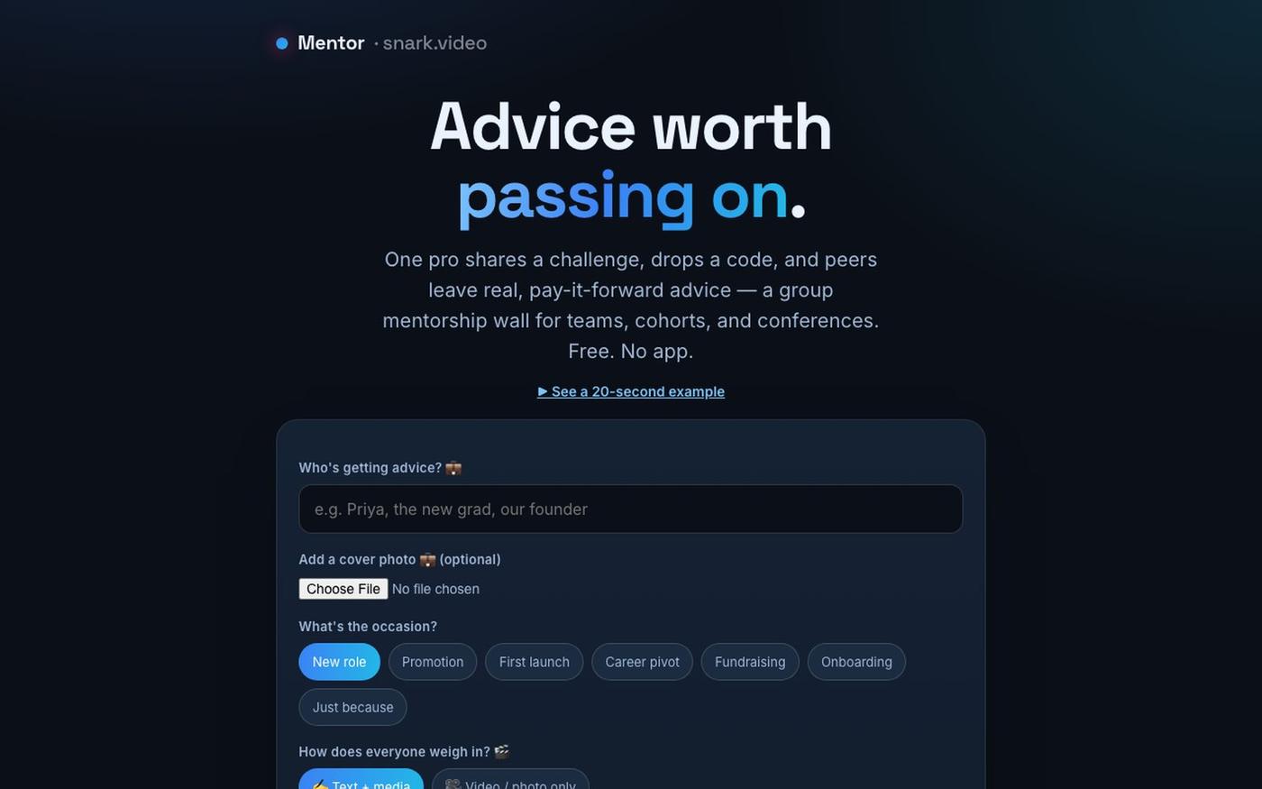 Mentor — group advice walls for professionals | snark.video — screenshot