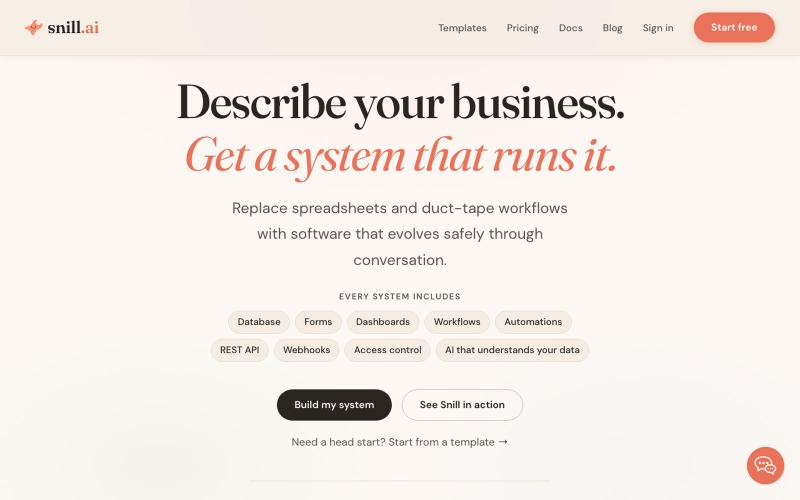snill.ai — Describe your business. Get a system that runs it. — screenshot
