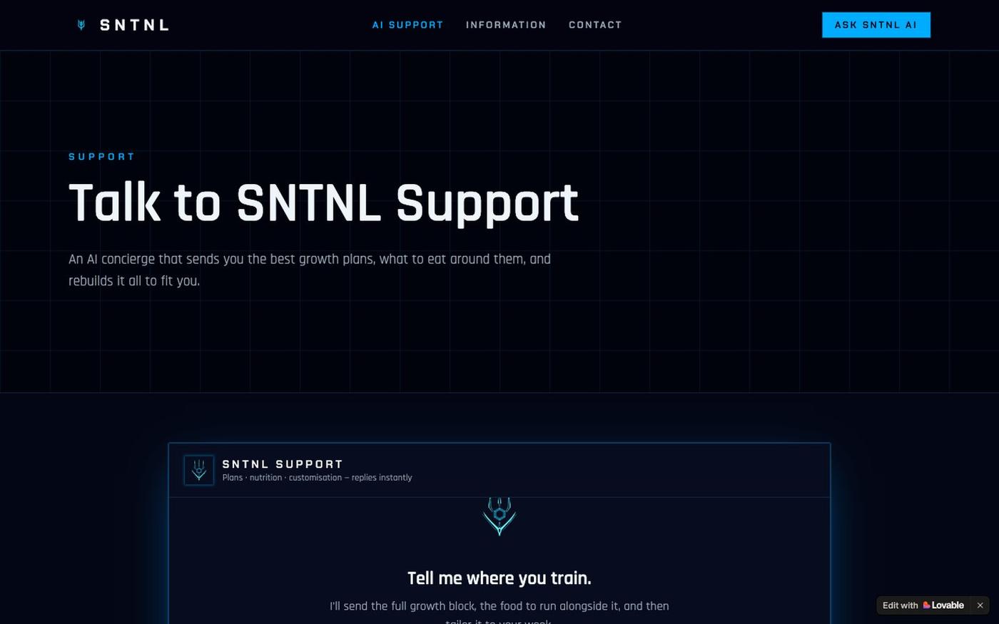 SNTNL Support — AI Training Concierge — screenshot