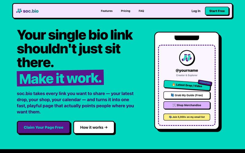 Free Link in Bio Tool & Custom Bio Link Page | soc.bio — screenshot