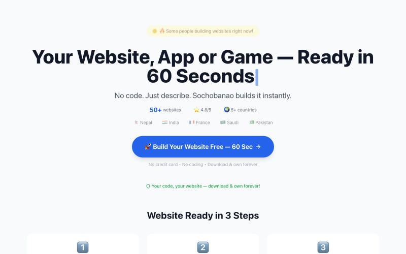 SochoBanao — Free AI Website Builder | Build in 60 Sec | 6 Languages 🇳🇵 — screenshot