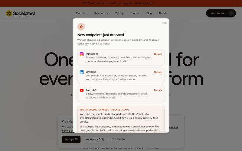 Social Media Scraper API: 44 Platforms | SocialCrawl — screenshot