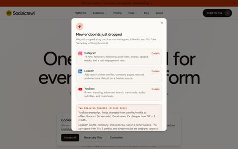 Social Media Scraper API: 44 Platforms | SocialCrawl — screenshot