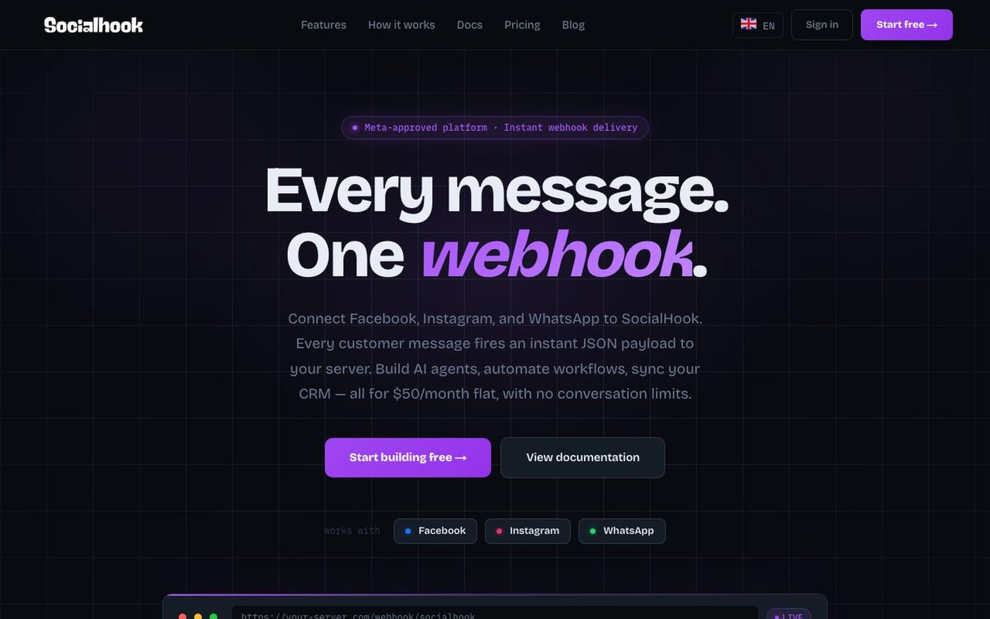 SocialHook — Facebook, Instagram & WhatsApp Webhooks — screenshot