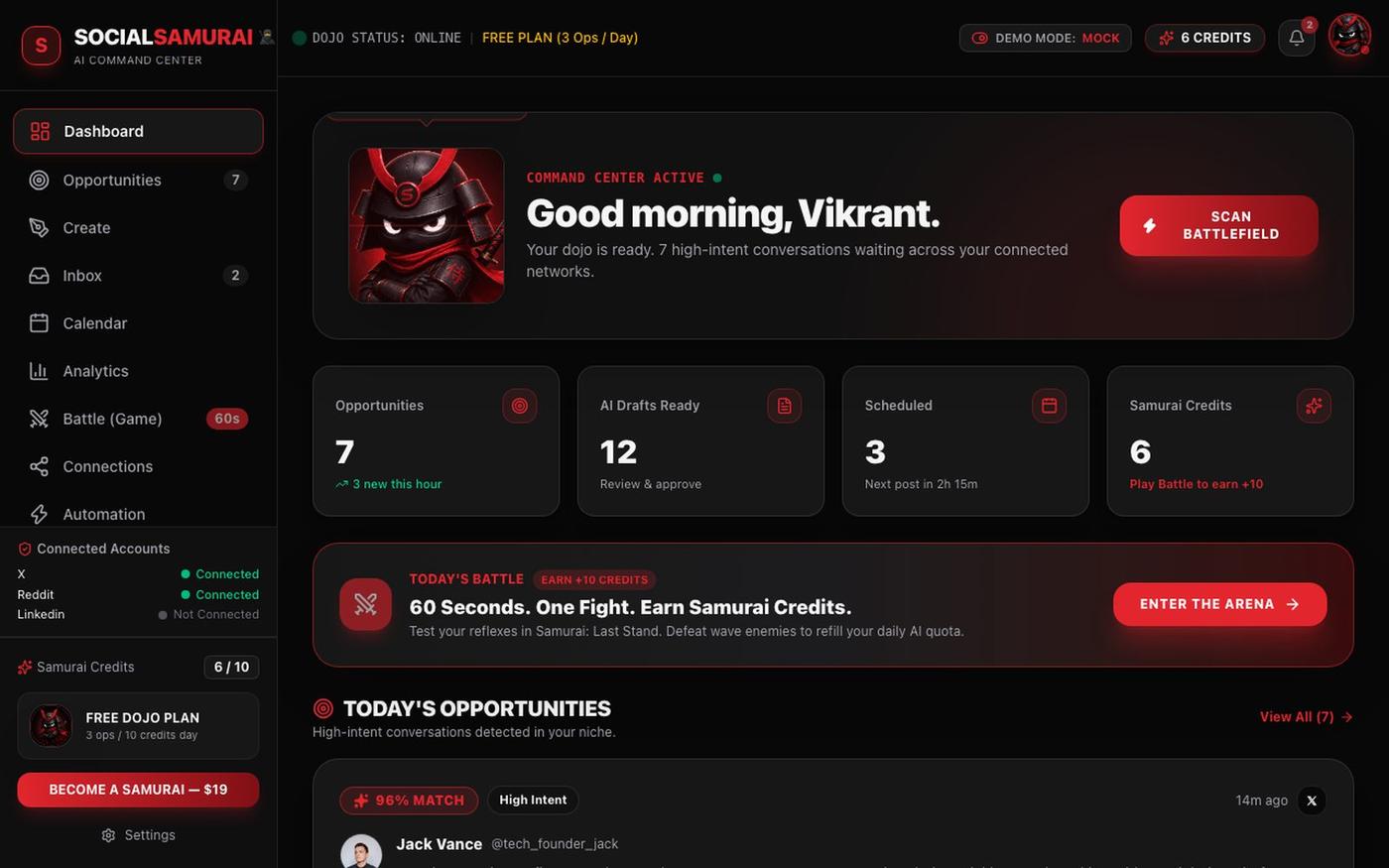 SocialSamurai π₯· β AI Social Command Center β screenshot
