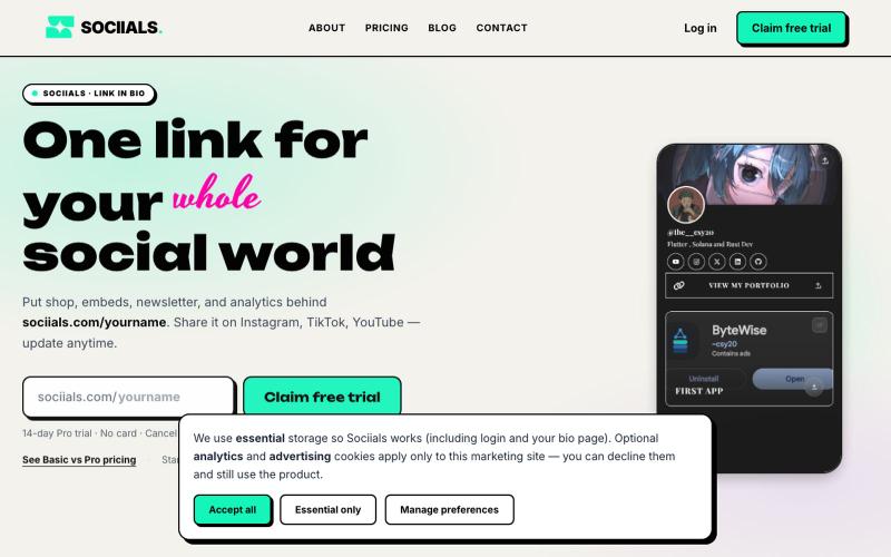 Sociials — Link in Bio Tool with Shop, Embeds & Analytics — screenshot