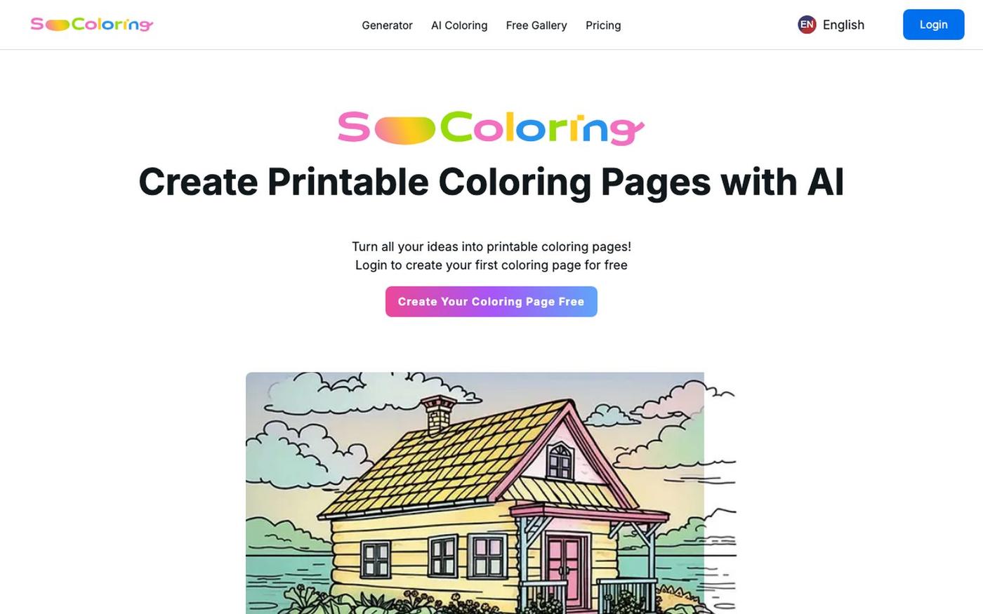Printable Coloring Page AI Generator | SoColoring — screenshot