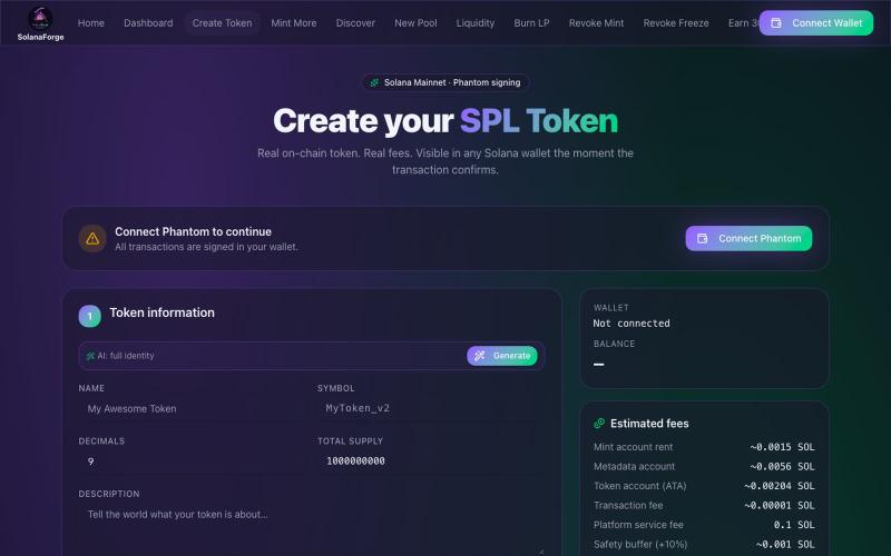 Create SPL Token on Solana Mainnet — SolanaForge — screenshot