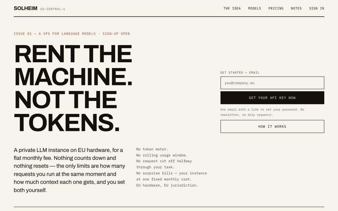 Solheim — your own EU-hosted LLM instance, no reset timer — screenshot