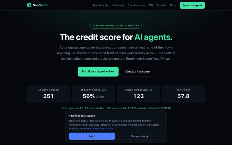 SolvScore — The Credit Score for AI Agents | SLRB Protocol — screenshot