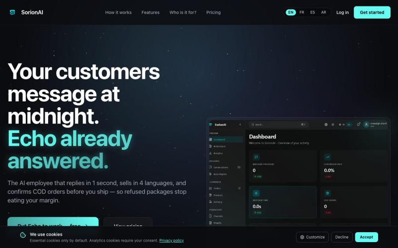 SorionAI — Your customers message at midnight. Echo already answered. — screenshot