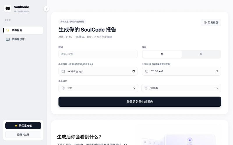 免费紫微斗数排盘 | SoulCode AI精准流年运势解析 — screenshot