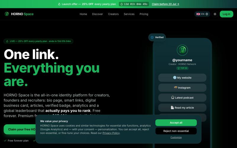 HORNO Space — Free Link-in-Bio, Link Shortener, Digital Business Card & Bio Page — screenshot