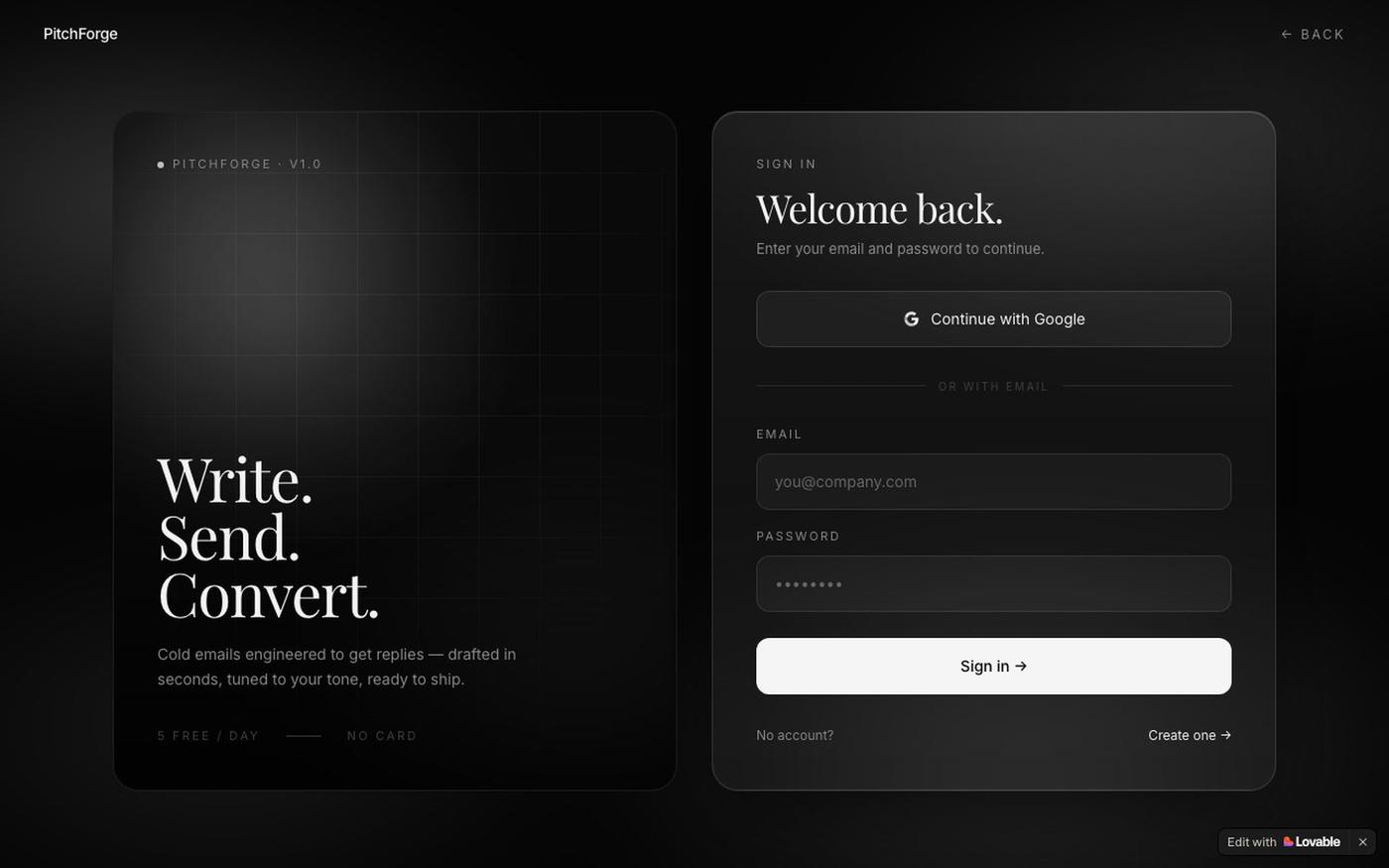 Sign in — PitchForge — screenshot